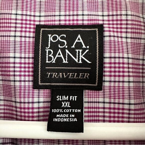 Jos A Bank Traveler Slim Fit Button Up Shirt magenta Plaid Long Sleeve Men’s XXL - Picture 3 of 7